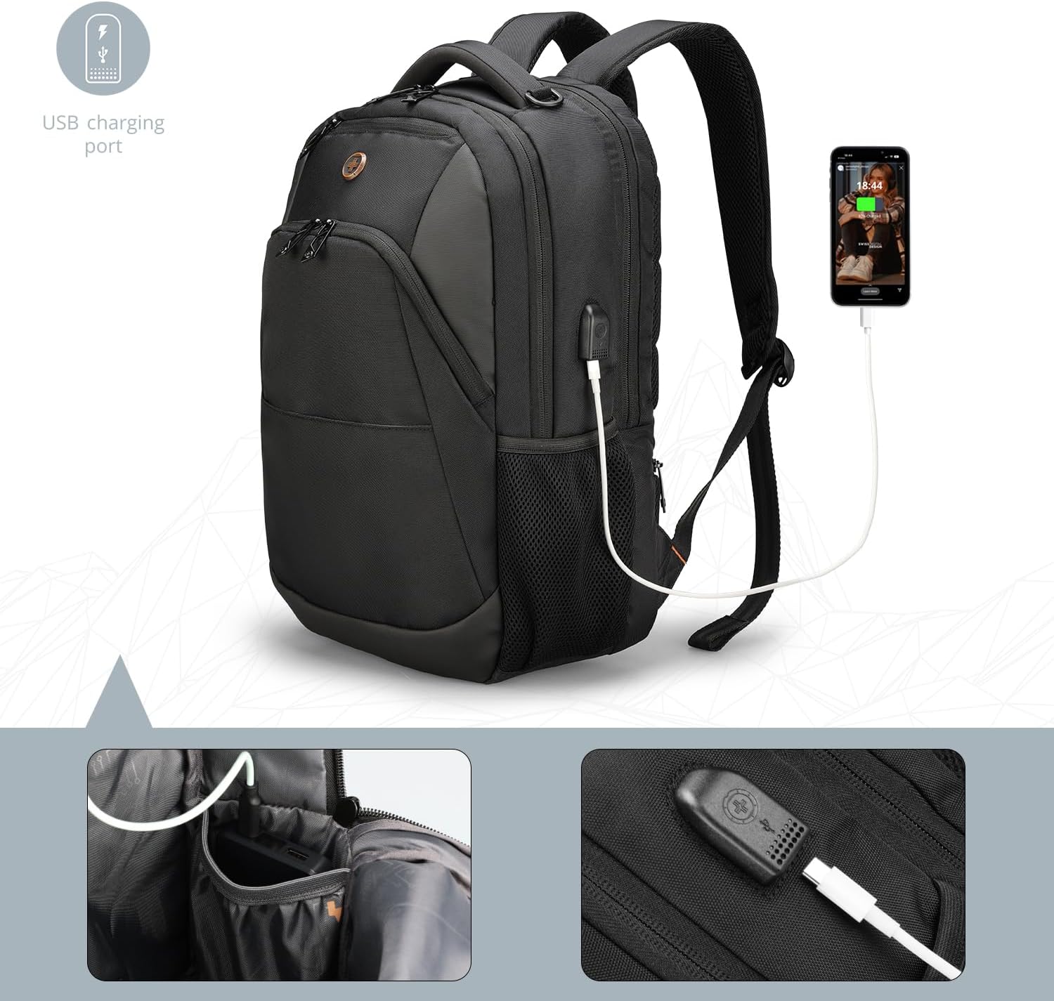 Swissdigital Design Travel Laptop Backpack, College Laptops Backpack with USB Charging Port for Men and Women Fits 16 Inch Notebook, Black | ANDWIL - Image 2