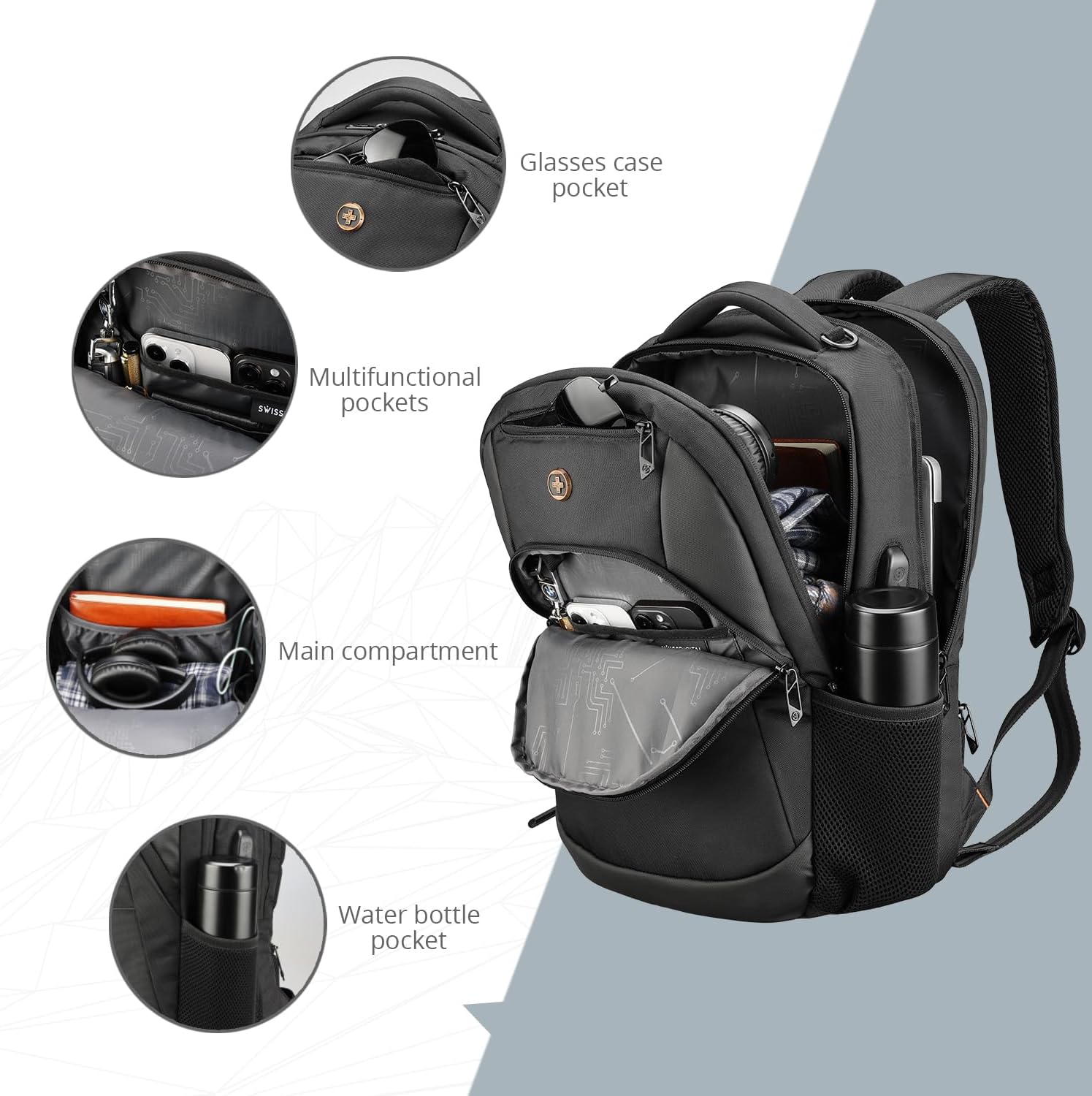 Swissdigital Design Travel Laptop Backpack, College Laptops Backpack with USB Charging Port for Men and Women Fits 16 Inch Notebook, Black | ANDWIL - Image 5