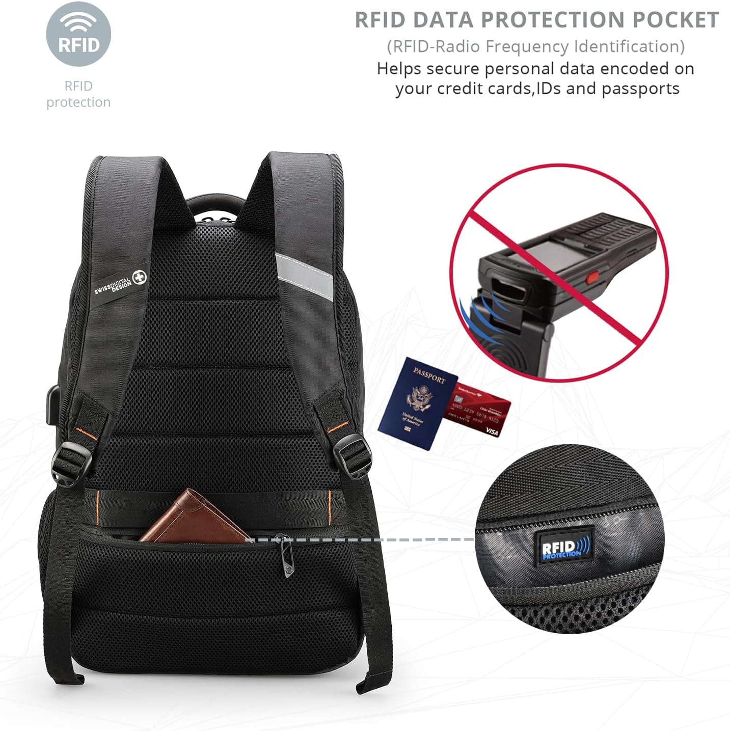 Swissdigital Design Travel Laptop Backpack, College Laptops Backpack with USB Charging Port for Men and Women Fits 16 Inch Notebook, Black | ANDWIL - Image 6