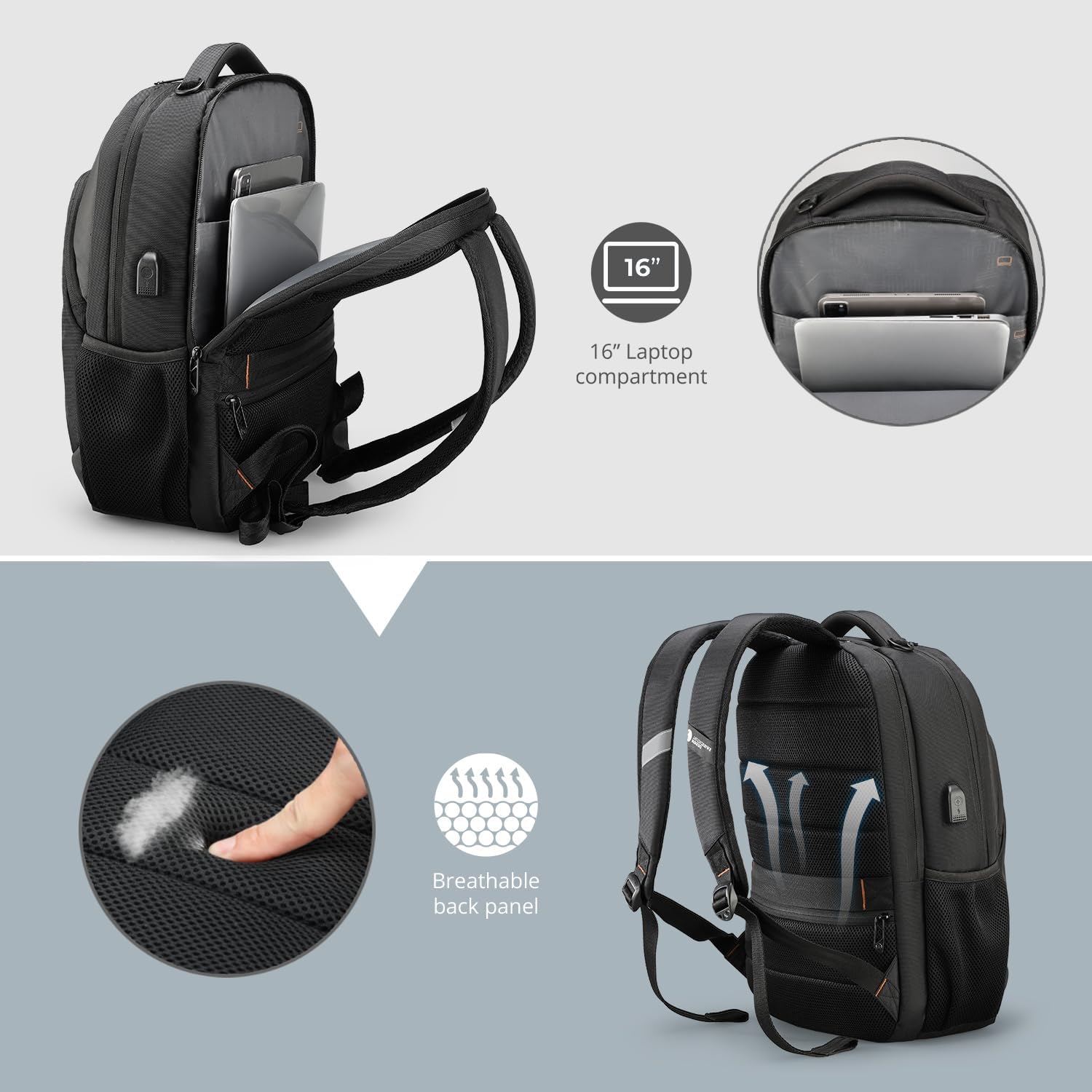 Swissdigital Design Travel Laptop Backpack, College Laptops Backpack with USB Charging Port for Men and Women Fits 16 Inch Notebook, Black | ANDWIL - Image 8